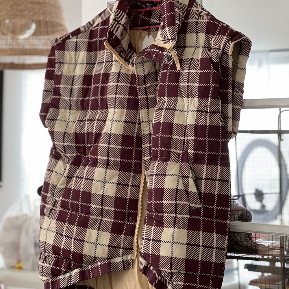 Universal Standard Burgundy and Cream Plaid Vest